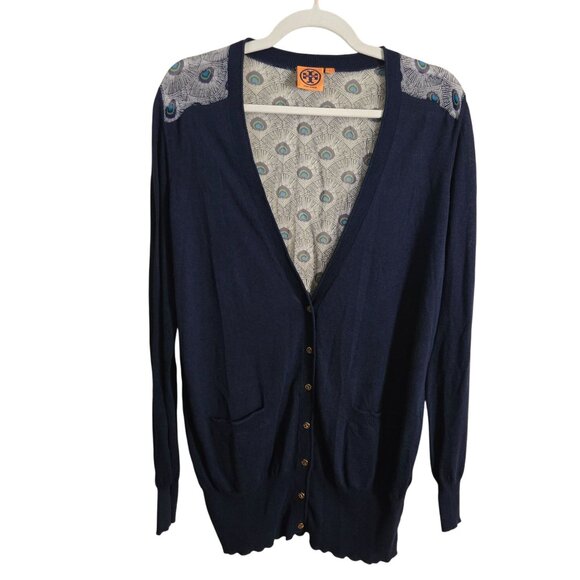 Tory Burch Jacet Peacock Silk Back Logo Button Pocket Cardigan Sweater Size L - Picture 2 of 10